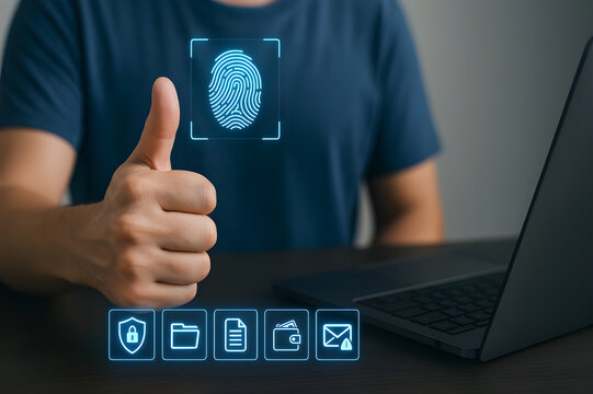 Secure biometric thumb scan digital interface with fingerprint authentication icons for cybersecurity protection, privacy access, identity data encryption technology