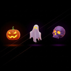 Glowing Halloween Icons Jack o Lantern White Ghost Purple Skull with Spiderweb Dark Minimalist Background Subtle Glowing Lines Eerie Ambiance