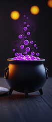 Mystical Halloween Cauldron Black Cauldron Vibrant Purple Bubbly Potion Warm Orange Glow Dark Background Enchanting Magical Composition