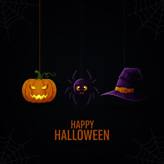 Charming Happy Halloween Graphic Hanging Jack o Lantern Purple Spider Witchs Hat Dark Textured Background Spiderwebs Festive Holiday Greeting