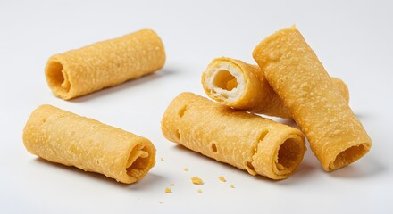 Golden Crispy Fried Pastry Rolls Isolated on White Background
