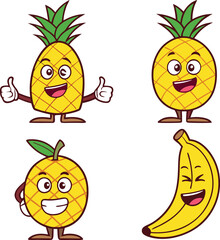 Cute cartoon pineapples and a banana with happy faces and arms and legs isolated on transparent background