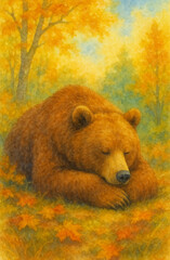 Sleeping Bear in Autumn Forest - Watercolor Illustration