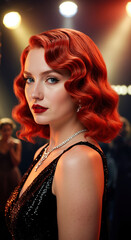 Fototapeta premium Woman with vibrant red vintage finger waves at glamorous event. Classic retro hairstyle for formal styling and red carpet salon services