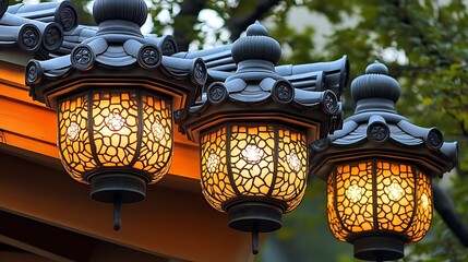 Lit Japanese Lanterns with Close Up.