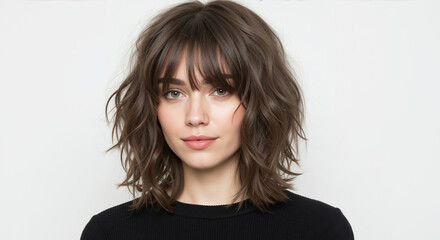 Woman with tousled brown shoulder length hair and wispy bangs on gray background. Messy textured hairstyle with layers for hair salon promotions and styling services