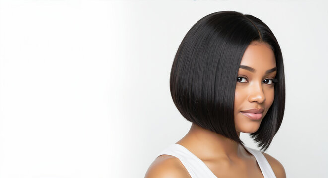 African American woman with sleek black bob haircut on white background. Professional hair straightening and cutting technique for salon styling services