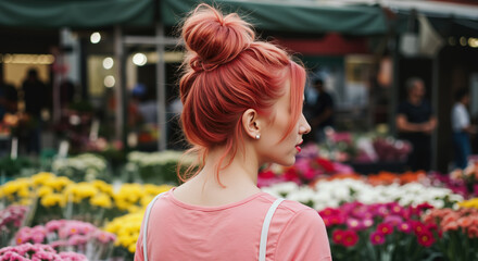 Woman with rose gold hair in high bun hairstyle at flower market. Updo styling and creative coloring techniques for special occasions and wedding hair services