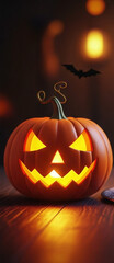 Classic Glowing Jack o Lantern Close up on Dark Wood Orange Pumpkin Triangular Eyes Jagged Mouth Warm Golden Glow Bat Silhouette Spooky Halloween Atmosphere
