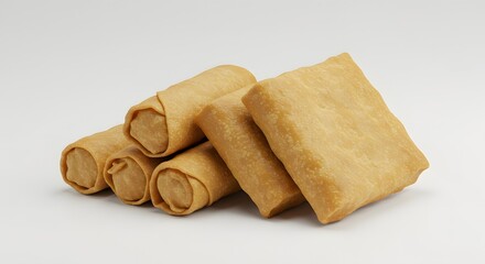 Uncooked Asian Spring Rolls and Flat Wrappers Stacked on White Background