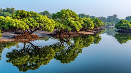 Fototapeta premium Serene coastal mangrove forest at dawn, soft golden light through dense foliage, mist over calm water, lush canopy, International Day for Mangrove Conservation