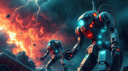 Robots Stormy Weather Cityscape.
