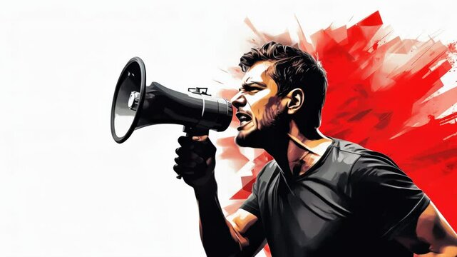 Side profile view of an white Caucasian man shouting through a megaphone with red graphic design isolated against a pure white background