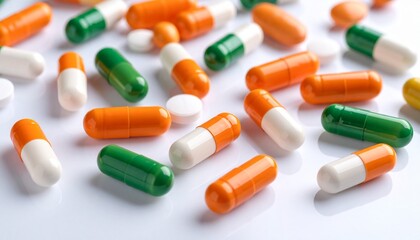 Variety of pills and capsules in different colors on a white background