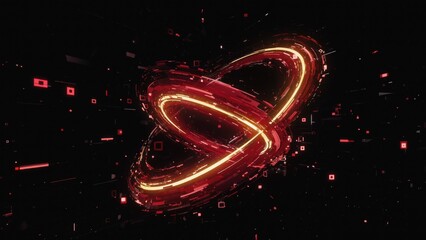 Glowing red and gold futuristic abstract shape with neon elements on dark background