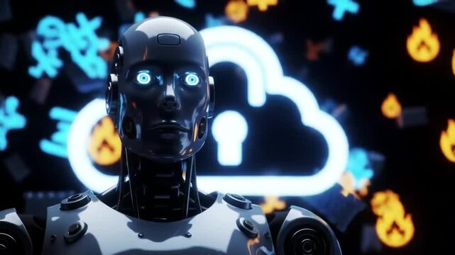 A sophisticated robot head, rendered in dark tones with glowing blue eyes, gazes directly at a glowing cloud security symbol.