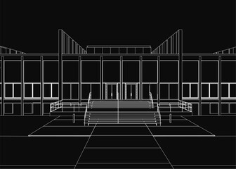 Black and white CAD drawing of a school building entrance featuring a prominent staircase. The architectural design includes clean lines and detailed structural elements.