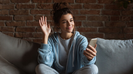 Young woman sitting on cozy sofa waving during video call on smartphone, casual home setting video call, young woman, smartphone chat, casual lifestyle, cozy home, digital communic