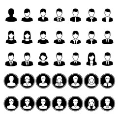 Diverse collection of black and white silhouette user profile icons representing men and women in business attire and casual styles isolated on transparent background silhouette