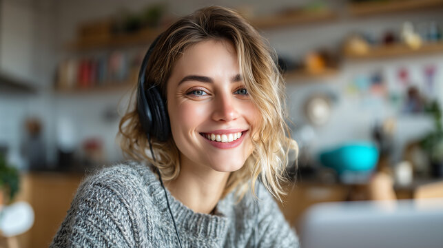 Young woman wearing wireless headphones smiling during online meeting at home remote work, video call, wireless headset, home office, smiling woman, cozy kitchen background, online