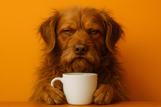 Grumpy Brown Dog with Messy Fur Holding White Coffee Mug Against Bright Orange Background in Funny Morning Mood Concept