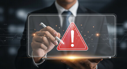 Cyber security alert on tablet device with warning sign for network threat and data breach risk