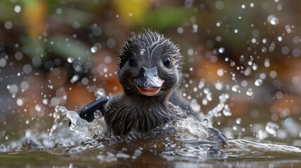 Duckling swims, splashing droplets. Dark plumage, wet feathers. Happy expression, reflecting light on water