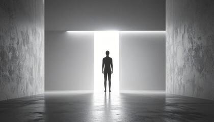 Obraz premium Humanoid Robot Standing in Bright Doorway Inside Dark Minimalist Space with Futuristic Ambience