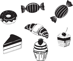 Sweet cupcake and dessert icon set with chocolate and cherry illustrations in cartoon style
