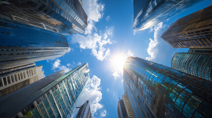 Dynamic upward view of downtown skyscrapers with sunburst and clouds in blue sky city infrastructure, contemporary skyline, real estate development, corporate buildings, sunlight t