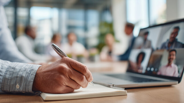 Close-up of man writing in notebook during online business meeting on laptop with multicultural colleagues hybrid work, remote planning, corporate video call, global team, modern o