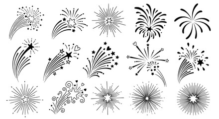 Collection of hand drawn starbursts and fireworks in a simple black silhouette style isolated on transparent background