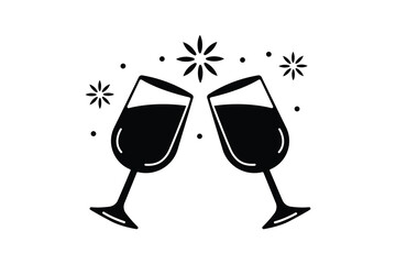 minimalist wine glasses cheers symbol with festive sparkles black vector
