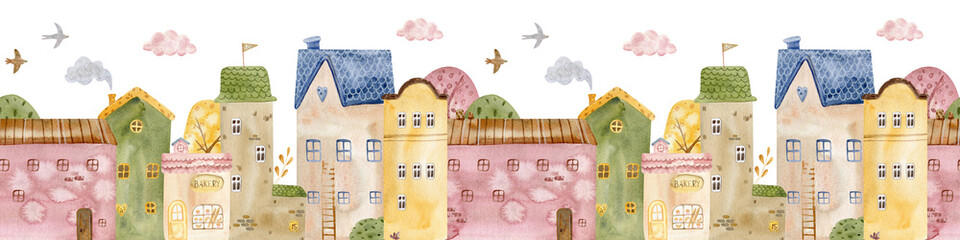 Cute seamless watercolor border pattern with colorful houses, trees, and clouds. rchitectural seamless border pattern. Ideal for children prints, nursery decor, fabric, and stationery.