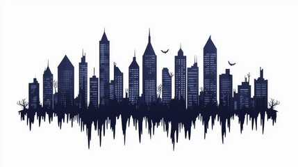 Obraz premium Stylized skyline silhouette featuring high-rise buildings in a vibrant blue color against a white background.