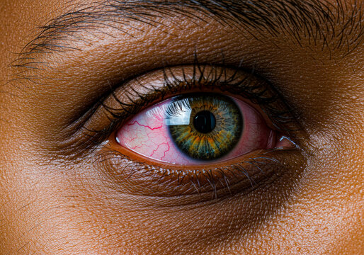 Macro close up on a fatigued caucasian man with bloodshot eye. Red sclera of eye with health problem concept.