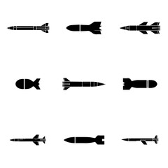 set of missile black and white vector design, vector, plane, icon, illustration, set, helicopter, silhouette, symbol, aircraft, air, drawing, transportation, design, icons, vintage, trumpet, weapon