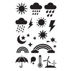 Weather icons set with vector symbols of sun, rain, cloud, storm, snow, and wind for climate forecast illustration design