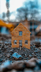 Miniature brick house sculpture on construction site soil background