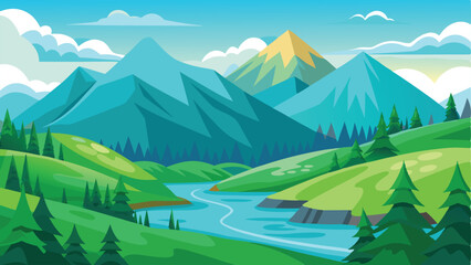 Cartoon Landscape with Mountains, Green Hills, River and Trees, Under Blue Sky