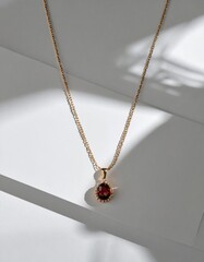 Fototapeta premium Red Garnet Gold Necklace on White Background