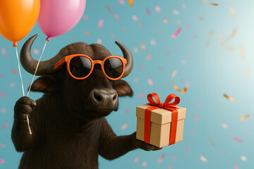 Funny Buffalo Wearing Sunglasses and Holding Balloons with Gift Box Against Blue Background with Colorful Falling Confetti in Celebration Theme