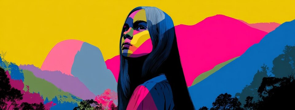 Pioneer woman silhouette in abstract geometric style, vivid colors and layered background for Pioneer Day