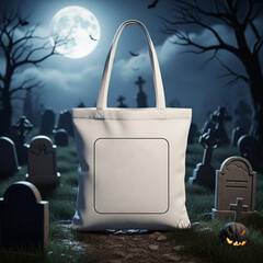 Halloween Tote Bag Mockup White Canvas Bag in Misty Graveyard at Night Glowing Moon Tombstones Spooky Trees Jack o Lantern Eerie Atmospheric