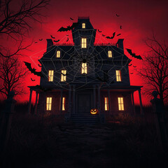 Classic Eerie Haunted House Foreboding Mansion Under Red Sky Silhouetted Trees Flying Bats Glowing Windows Giant Spiderweb Jack o Lantern Halloween Night