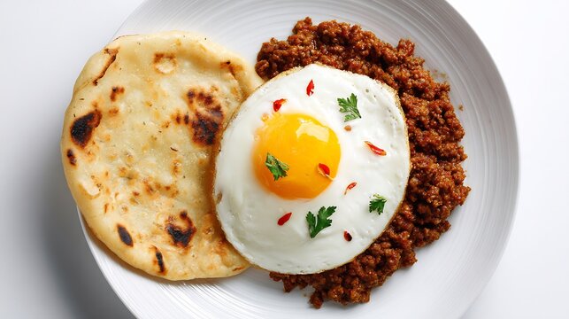Pakistani qeema fried egg and tandoori roti top down morning table view white background
