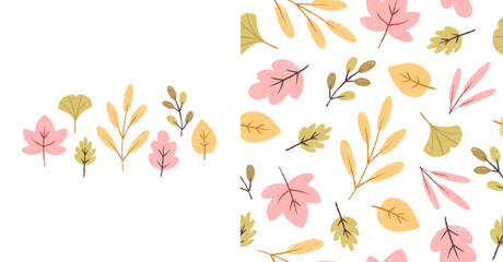 Vector set of pastel autumn textured leaves with seamless pattern. Includes isolated elements and repeat design. Perfect for fabric, wrapping, invitations, cozy seasonal decor.