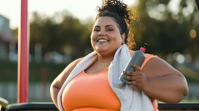 Beautiful obese overweight woman with towel and bottle on sports ground looking away smiling	
