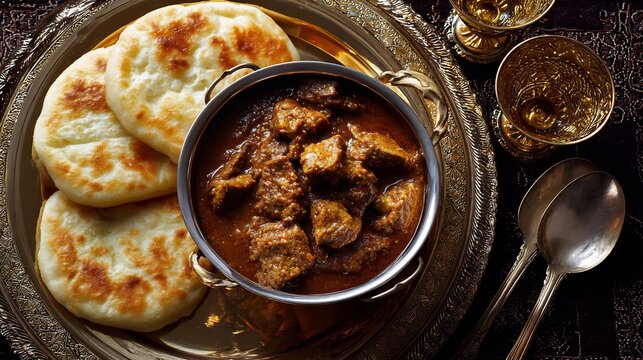 Pakistani qorma golden brown curry and sheermal bread served on wedding thali with traditional glassware top down view
