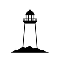 Guiding Light: A minimalist silhouette of a lighthouse stands tall on a rocky outcrop, a symbol of guidance, safety, and the enduring presence of human endeavor.